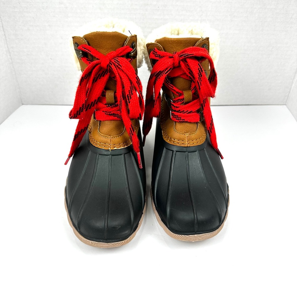 Magellan Outdoors Womens Waterproof Duck Boots Size 6 Black Tan Faux Fur Trim